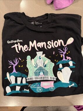 Lost Black Graphic Tee with Pastel Pink, Purple & Teal Mansion Art